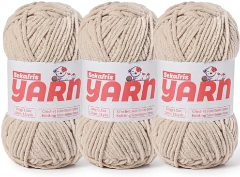 3 Pack Plush Chunky Chenille Yarn for Crocheting, Soft Fluffy Velvet Yarn for Crocheting, Fuzzy Baby Blanket Knitting Yarns, 300g/393yds Bulky Amigurumi Yarns（3 Light Khaki） by Sekafris