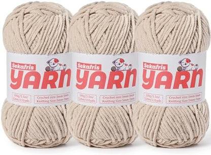 3 Pack Plush Chunky Chenille Yarn for Crocheting, Soft Fluffy Velvet Yarn for Crocheting, Fuzzy Baby Blanket Knitting Yarns, 300g/393yds Bulky Amigurumi Yarns（3 Light Khaki） by Sekafris