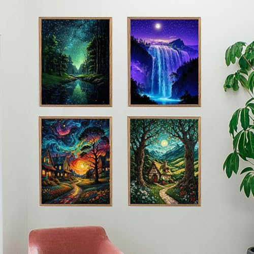 Lovepefe Starry Sky Paint By Numbers Kit for Adults, 4 Pack Country Night Paint By Number Kits for Beginner Moon Acrylic On Canvas DIY Oil Painting Kit for Gift Home Wall Decor 12x16 Inch - Image 2