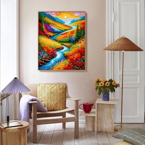 Yunnuo Landscape Paint by Numbers Kits for Adults, Easy Paint by Number Sunset and Creek, DIY Oil Painting with Brushes Acrylic Paints for Home Wall Decor 16x20 Inch - Image 3