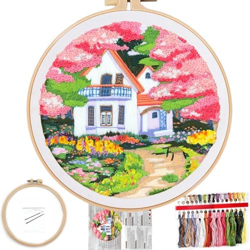 FONNUY Embroidery Kit for Beginners, Boho Nature Landscape Pre-Stamped Pattern Kits for Adults with Hoop, Easy to Follow Color Thread Needlework, 8'' Hoop (Flower House) by FONNUY