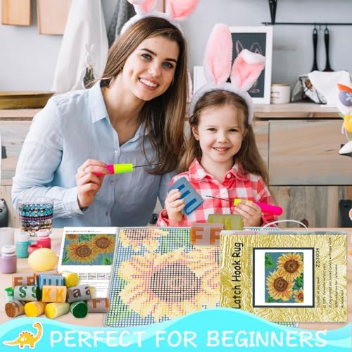 ZFFLYH Latch Hook Rug Kits DIY Needlework Unfinished Crocheting Rug Yarn Cushion Mat for Kids/Adults with Printed Canvas Pattern, 52X38cm Sunflower - Image 2