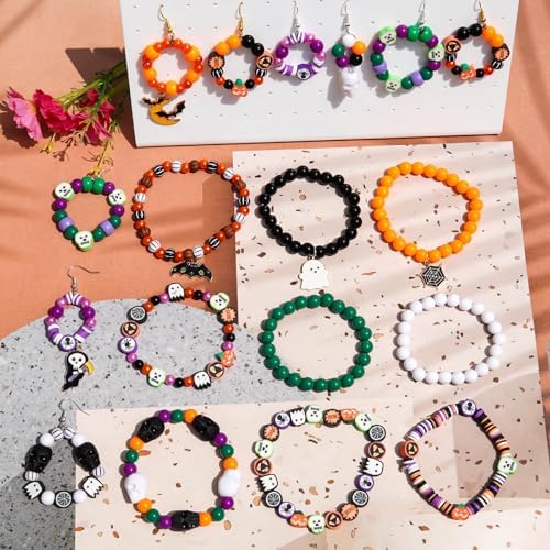 2100+PCS Halloween Beads Kit for Jewelry Making, Spooky DIY Crafts with Clay Charms Acrylic Rounds Pearls Pumpkin Skull Beads Ghost Witch Hat Bat Charms DIY Halloween Bracelets Necklace Earrings Craft - Image 7