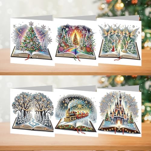 jinglinhh 6pcs Diamond Art Painting Christmas Book Scenery Christmas Tree Castle Greeting Cards with Envelopes, DIY Card Making Kits for Adults, Diamond Art Postcards Holiday Cards Craft Gifts - Image 3
