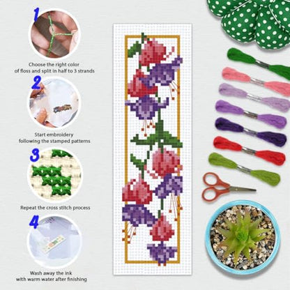 BEUNITONE 6 Pcs Flower Cross Stitch Bookmarks Kit for Adults Beginner DIY Stamped Embroidery Bookmark Kit with Instructions Cute Stamped Embroidery Bookmark for Book Lovers Handmade Gift 8''x2.4'' - Image 4