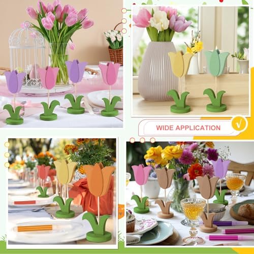 Bucherry 20 Pcs DIY Mother's Day Crafts Set 8 Pcs 3D Wooden Tulip to Paint Spring Wood Flowers Cutouts with Stand Unfinished Tulip Slices with 12 Colored Pens for Women Adult Crafts Art Table Decor - Image 3