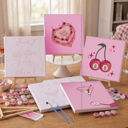 YooNotee 6 Pack Paint by Numbers Kit for Adults Sip and Paint Party 8x8 Inch Canvas with Acrylic Paints Brushes & Easels, Cocktail Wine Cake Floral Themed Painting Set for Girls Night - Image 6