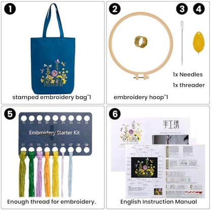 CREAWONDER Canvas Tote Bag Embroidery Kit with Pattern for Beginners, Arts and DIY Embroidery Crafts Kits for Adults, Include Instructions, Embroidery Hoops, Color Threads and Tool - Image 4