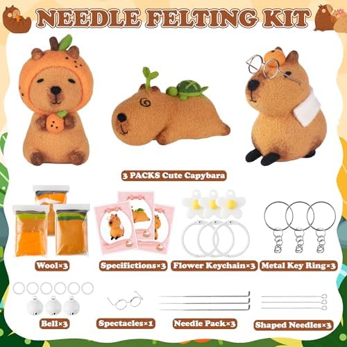 Capybara Needle Felting Kit - 3 Set Cute Animal DIY Doll Wool Craft Set with Felt Tool Instruction Foam Mat, DIY Needlework Keychain Craft for Adults Beginners Christmas Birthday Gift (Style 1) - Image 2