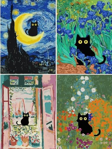 ARPADAMO Paint by Number Kits for Adults Beginners, Press Digital Easy Acrylic Black Cat 4 Pieces Paint, DIY Watercolor Paint Press Digital Kit on Canvas Home Wall Decoration Without Frame 12×16 inch by ARPADAMO