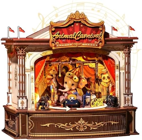 CUTEBEE 3D Wooden Puzzles Music Box - DIY Theater Model Kit with LED Light, 413 Pcs Rotating Miniature House Kit for Adults, Home Bookshelf Decor, Birthday Valentines Day Gifts (Animal Carnival) by CUTEBEE
