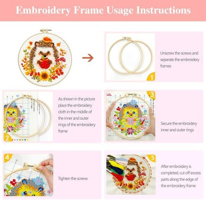 Zhenqing Autumn Animals Cross Stitch Kit - 4-Piece Set with Pre-Printed 11CT 24x24cm Fabric, Hoop & Tools, Fall Theme Animal Designs for Beginners (70412) - Image 6