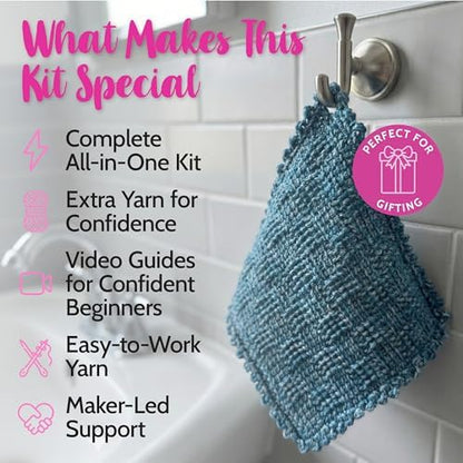 KnitPal Tunisian Crochet Dishcloth Kit for Beginners - Jean Blue + Sky Blue - Image 2