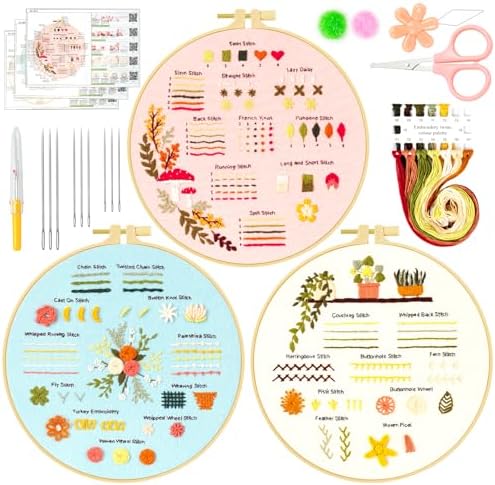 Ponpon 3 Sets Embroidery Kit for Beginners, Embroidery Kit for Adults with Follow Instruction, Cross Stitch Kits with Wooden Embroidery Hoops (Stlye B) by Ponpon