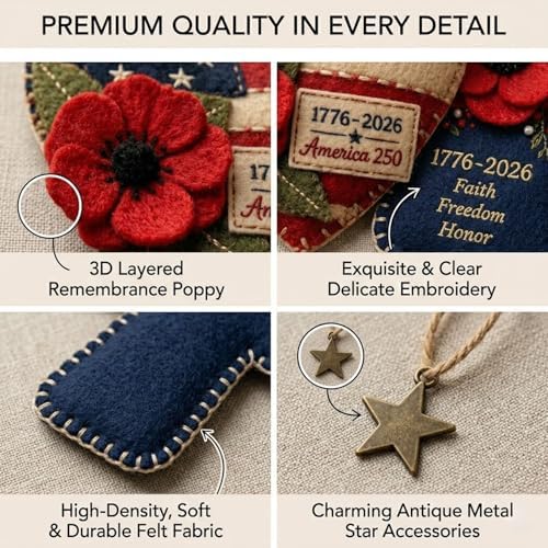 DIY Patriotic Poppy Cross Ornament Kit - 1776-2026 America 250th Anniversary Felt Craft Set - Faith Freedom Honor Embroidery Decor for Memorial Day, Independence Day,Veterans Day-Handmade Gift (Heart) - Image 3