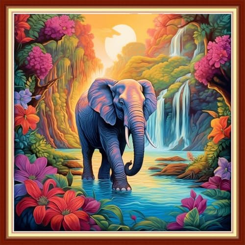Joyhoor Stamped Cross Stitch Kits for Beginners, Needlepoint Kits for Adults, 11CT Counted Embroidery Kits-Elephant Falls 18x18 inchs by JoyhoorCrossStitchKits