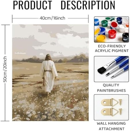 bitCNY Paint by Numbers for Adults, Jesus in Wildflower Meadow DIY Acrylic Painting Kit, Christian Paint by Number Canvas Art, Peaceful Religious Wall Decor, 16x20 Inch - Image 2