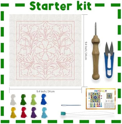 INFUNLY Retro Green Punch Needle Kit 9.4x9.4 inches Flowers Punch Needle Embroidery Kits Pastoral DIY Needles Stitching Kits for Beginners with Instruction Yarns Christmas Birthday Hanging Decor - Image 2