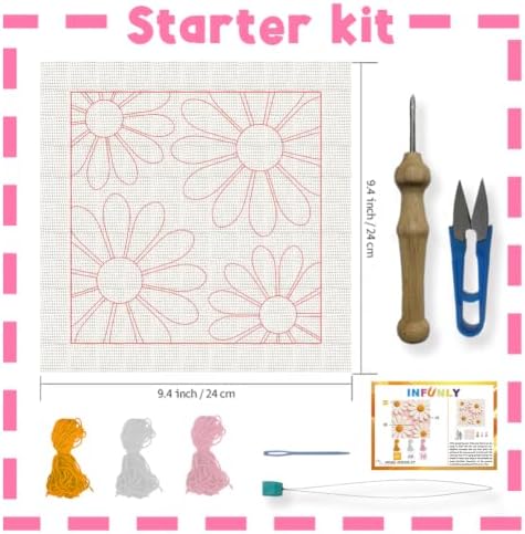 INFUNLY Daisy Punch Needle Kit for Beginners Simple Flowers Punch Needle Embroidery Kits for Adults DIY Punch-Stitching Kit with Instruction Threader Needles Square Frame for Wall Decor 9.4''x9.4'' - Image 2