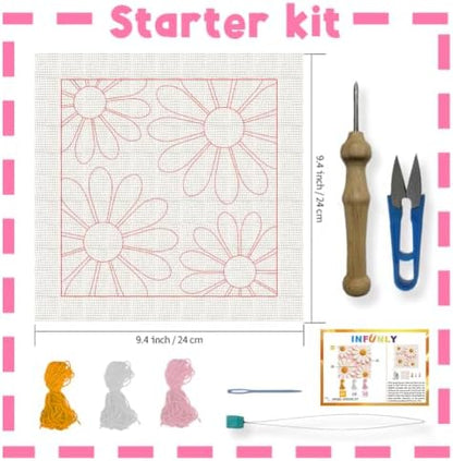 INFUNLY Daisy Punch Needle Kit for Beginners Simple Flowers Punch Needle Embroidery Kits for Adults DIY Punch-Stitching Kit with Instruction Threader Needles Square Frame for Wall Decor 9.4''x9.4'' - Image 2