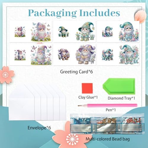 Tontut 6pcs Diamond Painting Kit Greeting Card, Happy Gnome 5D DIY Diamond Handmade Holiday Greeting Card with Envelope, Christmas Gift Congratulation - Image 3
