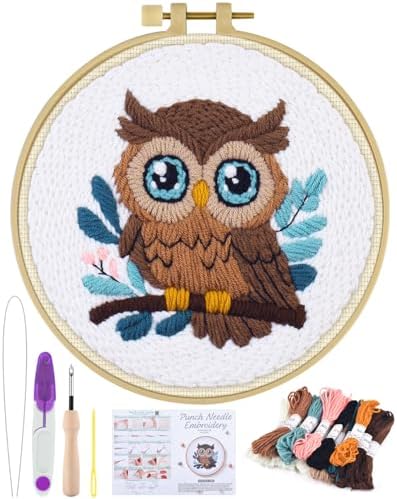 ERKOON Punch Needle Kit for Beginners Adults, DIY Easy Animal Embroidery Set for Starter Art Craft, Needling Punch Project with Patterns, Tools, Yarns, Hoop, Instruction (Owl) by ERKOON
