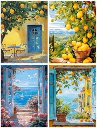 Clendo 4 Packs Summer Scene Paint by Numbers Kits for Adults, DIY Lemon Tree Adult Paint by Number Kits on Canvas, Digital Oil Number Painting for Home Decor (12x16 Inch) by Clendo