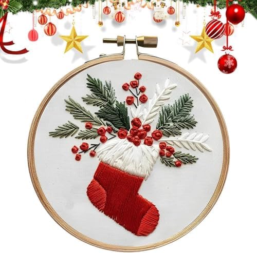 RUIQLXHANG Christmas Embroidery Kit, Christmas Gnomes Embroidery Kits for Beginners with Pattern, Cotton Threads, Needles, Instruction, 20cm Hoop, Gift for Mom, Grandma (Stocking Stuffer) by RUIQLXHANG