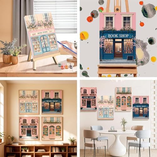 4 Pack Book shop Paint by Numbers Kit for Adults with Frame, Easy Bookstore Paint by Number for Adults Beginner with Wooden Easel, DIY Painting by Numbers Canvas Framed for Home Decor 8 x 12 Inch - Image 3