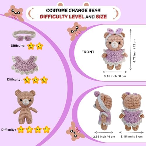 LoopMap Amigurumi Crochet Kit for Beginners with Removable Dress & Video Tutorials, DIY Bear Making Kit Includes Premium Yarn & Tools, Creative Gift for Adults Teens (Purple) - Image 4
