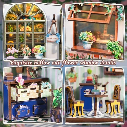DIY Miniature House Kit, Flower Shop Book Nook Kit, Mini House Building Kit, Miniature Dollhouse Kit for Adults and Teens, 3D Wooden Puzzles with LED Light, Bookshelf Craft Kit for Family and Friends - Image 3