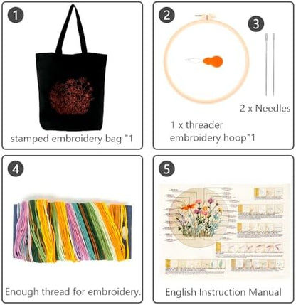 Canvas Tote Bag Embroidery Kit with Pattern, Beginner Embroidery Kits for Adults, Arts and DIY Crafts Embroidery Starter kit, Include Stamped Embroidery Bag, Embroidery Hoops, Color Threads and Tool. - Image 5