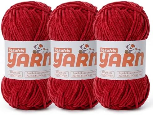 3 Pack Plush Chunky Chenille Yarn for Crocheting, Soft Fluffy Velvet Yarn for Crocheting, Fuzzy Baby Blanket Knitting Yarn, 300g/393yds Bulky Amigurumi Yarns（3 Burgundy） by Sekafris