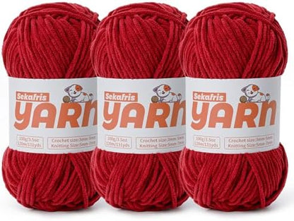 3 Pack Plush Chunky Chenille Yarn for Crocheting, Soft Fluffy Velvet Yarn for Crocheting, Fuzzy Baby Blanket Knitting Yarn, 300g/393yds Bulky Amigurumi Yarns（3 Burgundy） by Sekafris