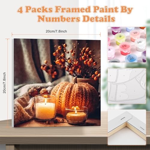 GHHKUD 4 Pack Pumpkin Candles Paint by Numbers Kits for Adults with Frame, DIY Halloween Paint by Numbers for Beginners, Painting by Numbers on Canvas Gifts for Home Decor 20x20cm - Image 2