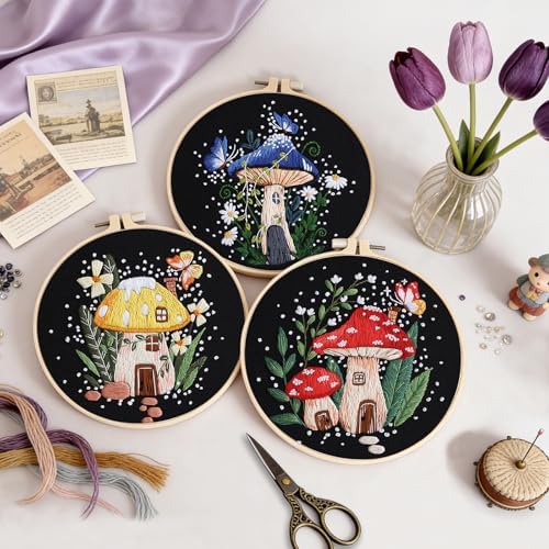 Uniartfy 3 Sets Embroidery Kit for Adults Beginners, Needlepoint Kits Cross Stitch, Hand Embroidery Starter Kit with Mushroom Stamped Patterns, Hoop, Tools, Colorful Threads with Needles, Instructions - Image 5