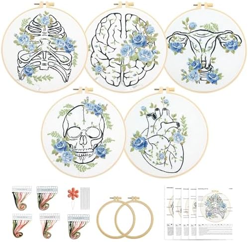 Kuabiz 5 Sets Skull Embroidery Kits for Beginners Anatomy Cross Stitch Kit for Adults Organ Embroidery Starter Kit Embroiderys Hoop Needlepoint Kits with Instruction Needles Threads for Doctors Gifts by Kuabiz