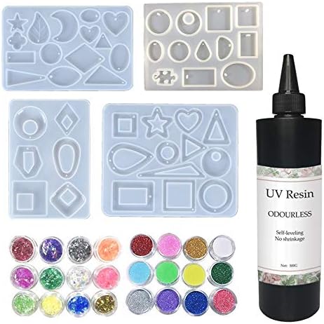 Clear UV Resin Odor Free 500g + 4 Silicone Molds for Earrings Pendants Necklaces DIY + 12 Glitter Powder Holo Sequins 12 Glassine, Resin Crafting Jewelry Making Kit by VidaRosa