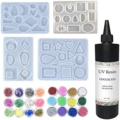 Clear UV Resin Odor Free 500g + 4 Silicone Molds for Earrings Pendants Necklaces DIY + 12 Glitter Powder Holo Sequins 12 Glassine, Resin Crafting Jewelry Making Kit by VidaRosa