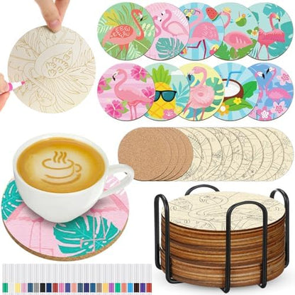 Reallnaive 45 Pcs Flamingo Wooden Coasters Painting Kit, 4 Inch Paint Your Own Summer Coasters with Markers, Summer Arts and Crafts for Adults Women Seniors Elderly Crafters by Reallnaive