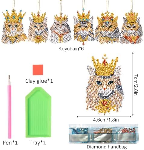 LazyFold 6Pcs Diamond Art Keychain Ornaments Kits for Adults,DIY Animals Crown Cat Diamond Painting Keychain,Key Ring Art Pendant Tree Decor Gift(Single Sided) - Image 2