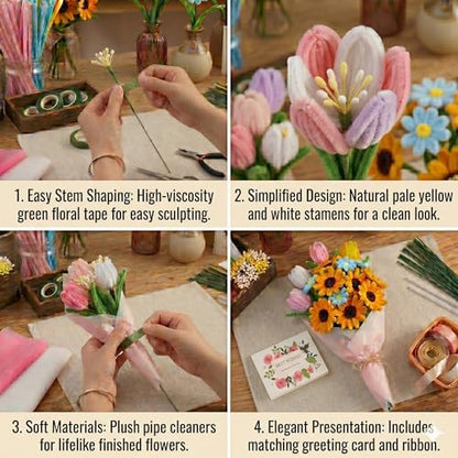 All-in-One Pipe Cleaners Flower Kit, 800 PCS DIY Flower Bouquet Making Kit with 8 Colors Pipe Cleaners, Floral Wire, Tape, Wrapping Paper & Video Tutorial, Handmade Gift for Adults, Teens, Beginners - Image 5