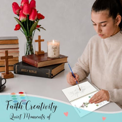 Christian Gift, Christian Cross Watercolor Workbook, Floral Cross Water Coloring Book with 12 Different Floral Paintings Designs, Watercolor Book with Palette and Brush, Relaxing Art for Beginners - Image 5
