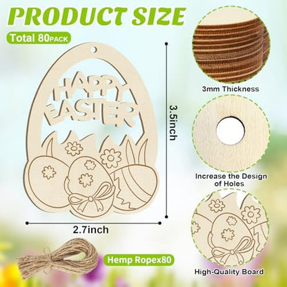 80PCS Wooden Easter Ornaments to Paint, 10 Styles DIY Blank Unfinished Wood Egg Cutouts Ornament for Crafts Hanging Decorations Happy Easter Hallow Egg Rabbit Bunny Butterfly Flower Hen - Image 7