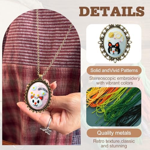 ZOCONE New 4 Packs Embroidery Necklace Kits, Embroidery Pendant Kit Mini Cross Stitch Kit with Hoop, Necklace, Pendant, Stamped Pattern Cloth, Instructions, etc., Embroidery Kits for Adults - Image 3