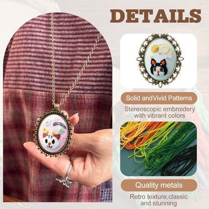 ZOCONE New 4 Packs Embroidery Necklace Kits, Embroidery Pendant Kit Mini Cross Stitch Kit with Hoop, Necklace, Pendant, Stamped Pattern Cloth, Instructions, etc., Embroidery Kits for Adults - Image 3