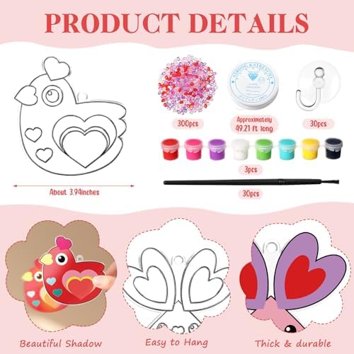 Dunzoom 30 Pack Valentine's Day Suncatcher Craft Kits for Classroom Exchange - DIY Pink Heart Paint Art Set - Bulk Valentines Party Favors Gifts, Non-Candy Activity, Window Ornaments Decor - Image 2