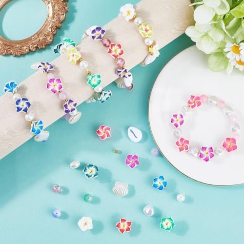 SUNNYCLUE 1 Box 174Pcs DIY 6 Sets Bracelet Making Kit Plumeria Flower Beads Polymer Clay Beads Summer Ocean Hawaiian Shell Bead Imitation Pearl Beads for Jewelry Making Kits Adult Women Gifts Supplies - Image 4