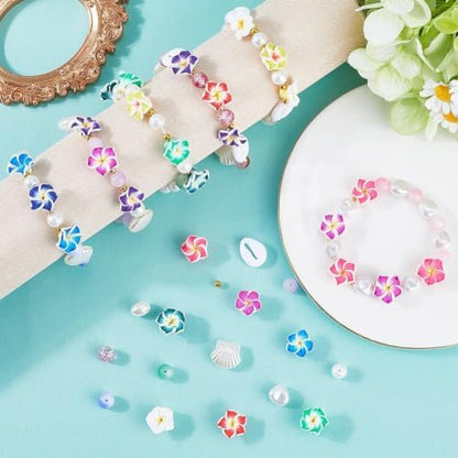 SUNNYCLUE 1 Box 174Pcs DIY 6 Sets Bracelet Making Kit Plumeria Flower Beads Polymer Clay Beads Summer Ocean Hawaiian Shell Bead Imitation Pearl Beads for Jewelry Making Kits Adult Women Gifts Supplies - Image 4
