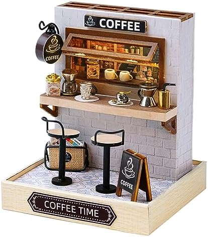 Kisoy Dollhouse Miniature with Furniture Kit, DIY 3D Wooden DIY House Kit with Dust Cover,Handmade Tiny House Toys for Teens Adults Gift (Coffee Time) by Kisoy